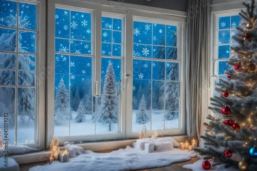 Frosted windowpanes with Christmas scenes
