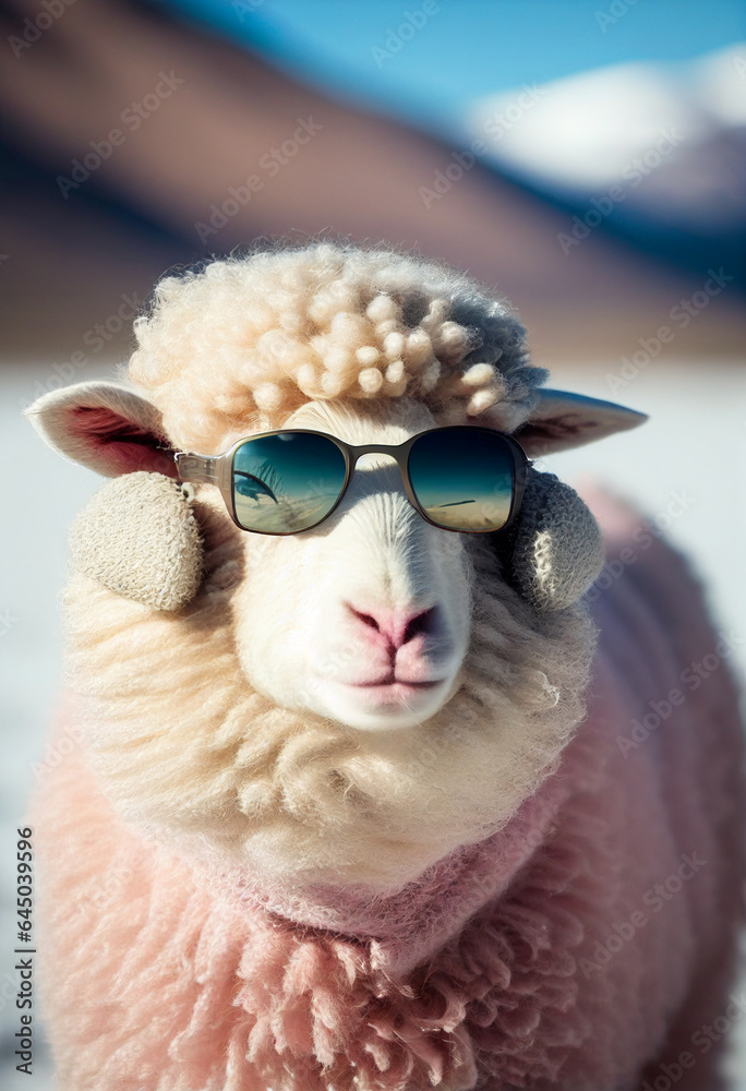 Sheep with pink wool wearing sunglasses. AI Generated