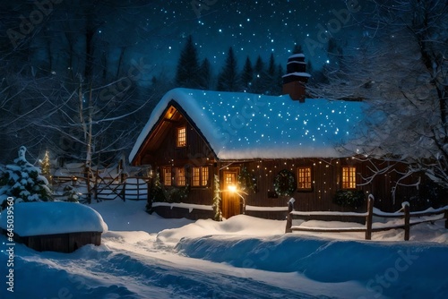 Snow-covered cottage with twinkling Christmas lights