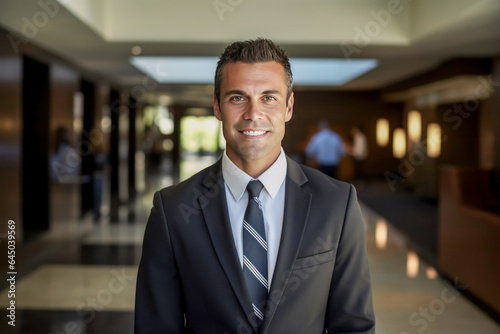 Smiling man in business suit standing in the middle of a foyer.
