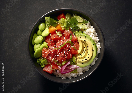 Bowl of poke traditional fish and rice salad.Macro.AI Generative photo