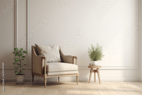 Neutral armchair in simple living space with spacious empty wall. Generative AI