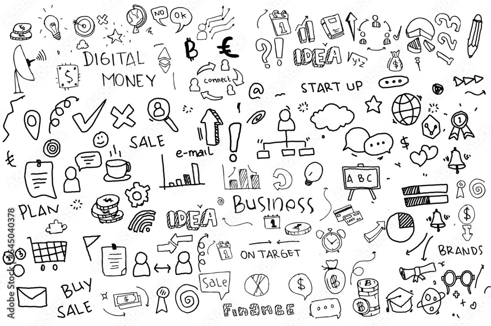 hand draw line art icon set. Business, financial, data collection, strategy and marketing theme doodle sketch.