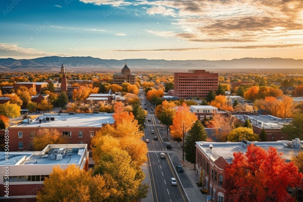 Autumnal aerial view of downtown in Fort Collins, Colorado. Generative AI - obrazy, fototapety, plakaty 