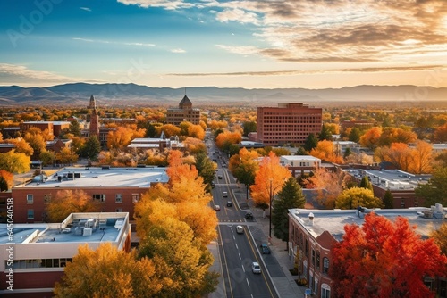 Autumnal aerial view of downtown in Fort Collins, Colorado. Generative AI