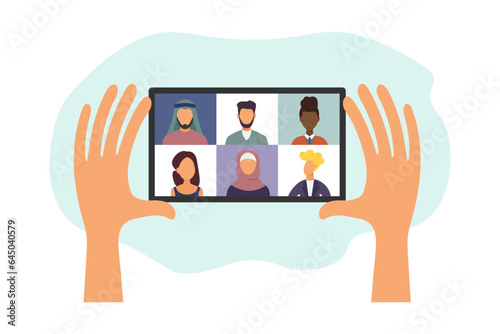 Tablet device in their hands. Video conference. Illustration