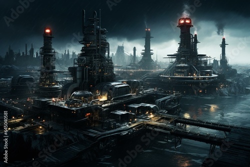 A futuristic industrial facility that depicts a dark and polluted petrochemical plant. Generative AI
