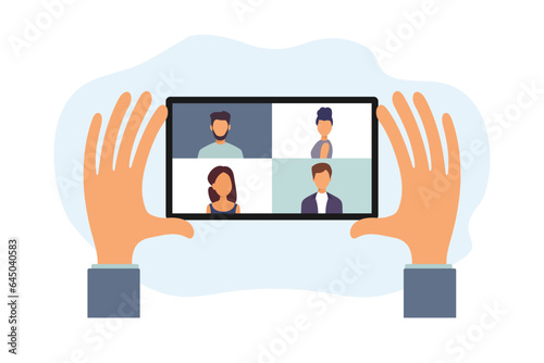 Tablet device in their hands. Business planning. Teamwork. Video conference. Vector illustration in flat style.