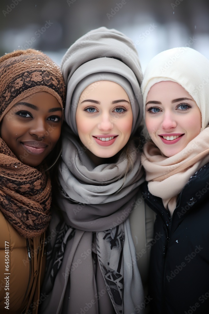 Multicultural friends taking selfie. AI Generated.