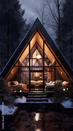 Cabin in the shape of an A with glass windows in the forest in winter