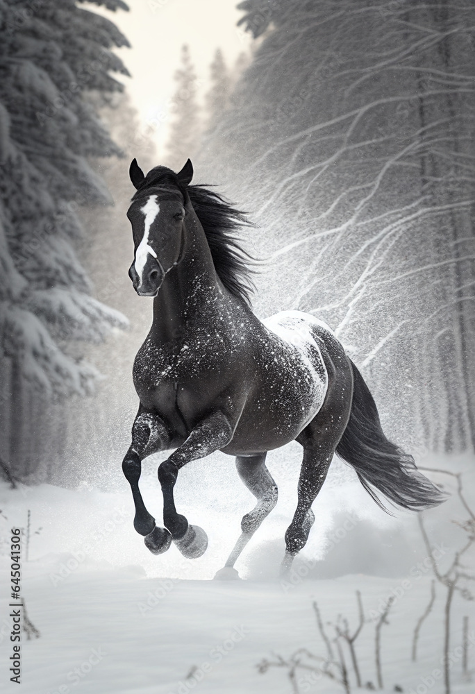 Obraz premium A horse is running through a winter forest and snow is flying around them. AI Generated