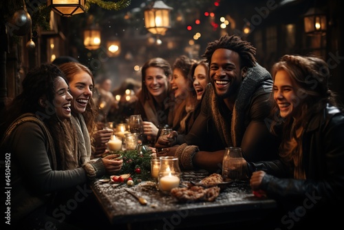 Multiethnic people celebrating winter holiday. AI Generated.