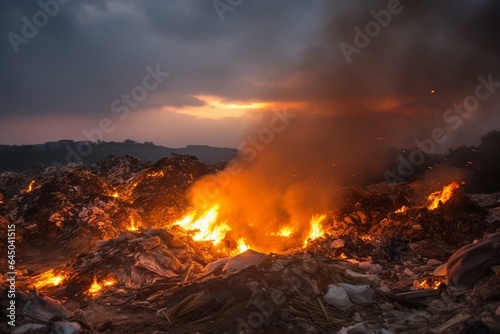 Fire blazing over garbage heaps. Generative AI