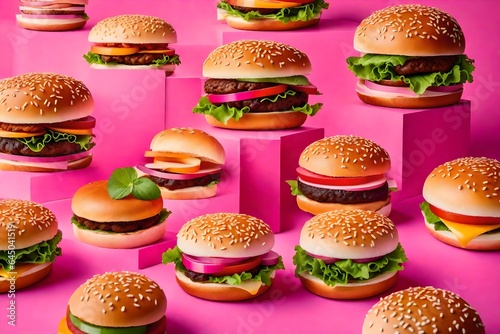 several hamburgers on a pink backdrop.