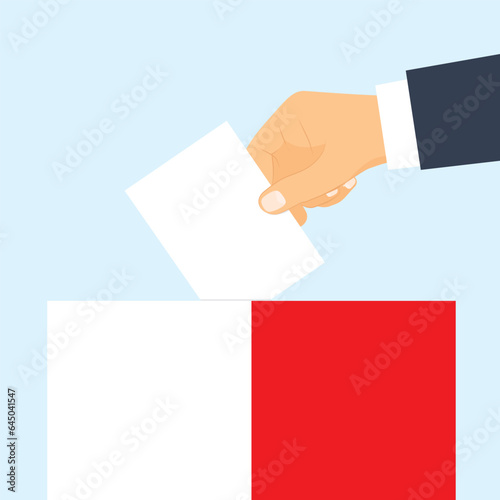 hand inserting a ballot paper into voting box with polish flag; elections in Poland concept- vector illustration