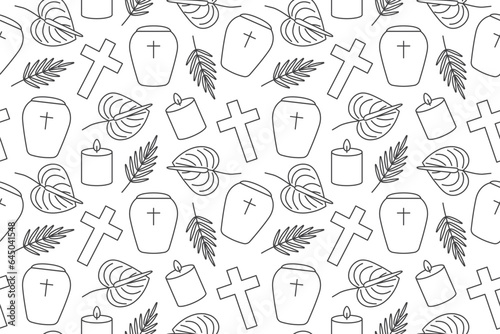 seamless pattern with funeral line icons: cross, urn, candle, anthurium flower and leaves- vector illustration