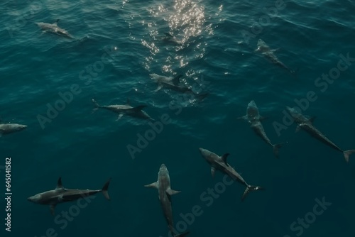 Aerial view of hammerhead sharks swimming in a group in the deep ocean. Generative AI © Octavio