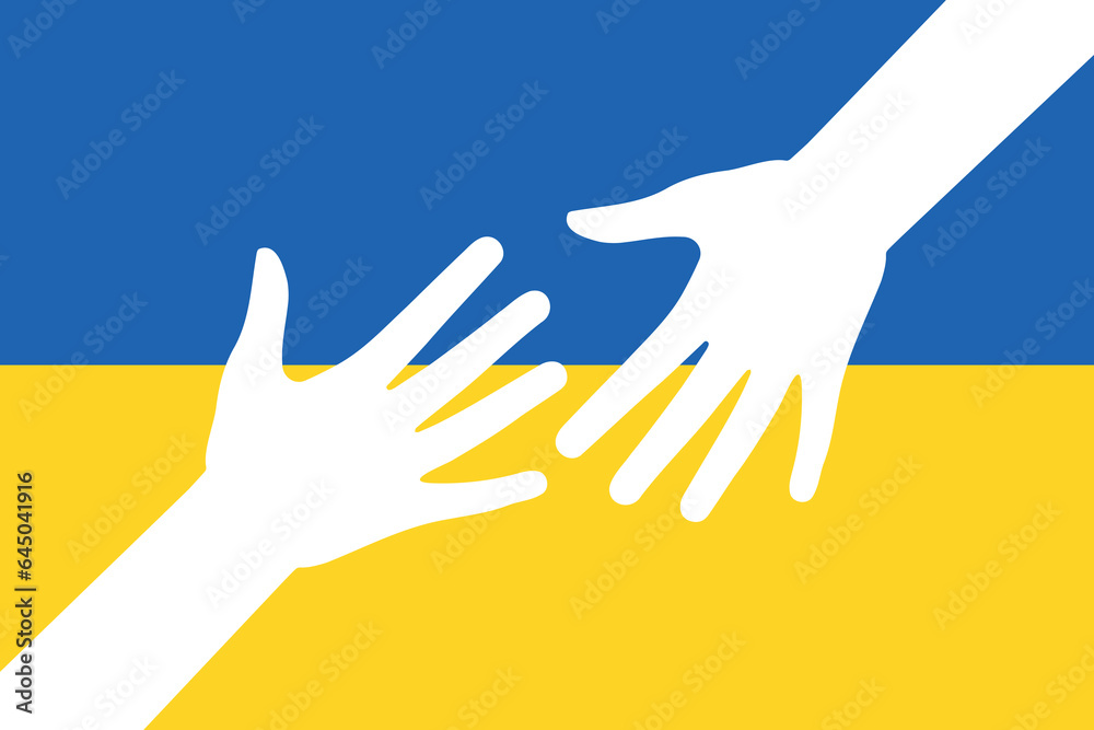 Support Ukraine. Help, save, pray for. Two Hands colors of Ukraine flag. Stop War. Blue and yellow. Support Ukraine. Help, save, pray for. Two Hands colors of Ukraine flag. Stop War. Blue and yellow.