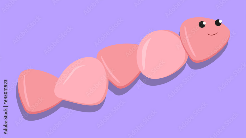 Cute pink worm made of stones on a purple background. Vector illustration in cartoon style. Cute pink worm made of stones on a purple background. Vector illustration in cartoon style.