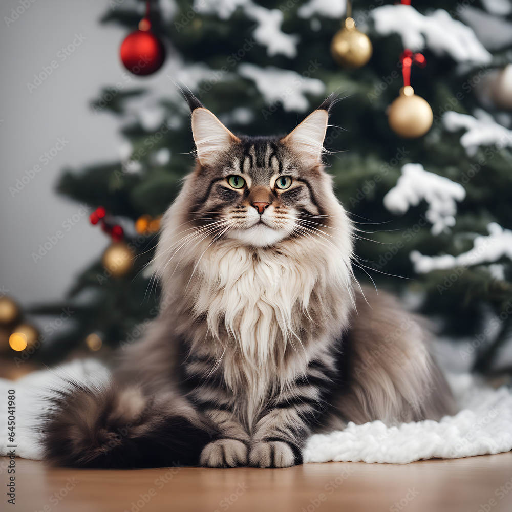 Big beautiful Maine Coon cat is sitting near to a Christmas tree