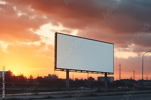 Wide blank white billboard with sunset, mockup, advertisement, template, advertising concept, copyspace.