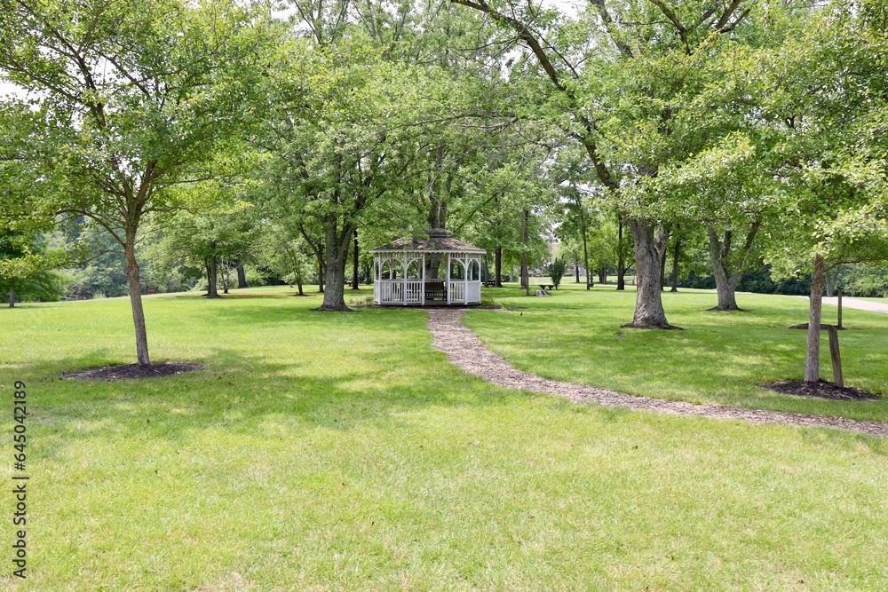 Fototapeta premium The white gazebo under the summer trees in the park.