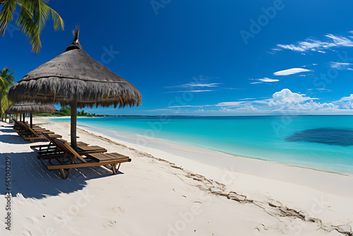 Beautiful beach panorama with white sand, turquoise sea and blue sky on a sunny day. Summer tropical landscape with green palm trees and straw umbrellas with empty copy space.