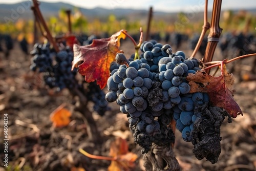 Matured and withered red tempranillo grapes post-harvest, La Rioja wine region's vineyards in Spain, Rioja Alavesa during winter. Generative AI
