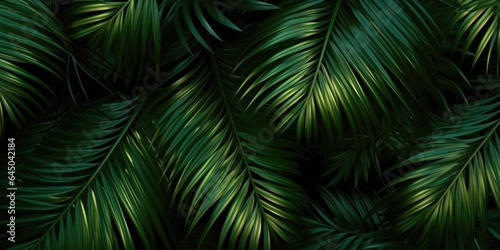 Dark green palm leaves dramatic photo effect background  realism  realistic  hyper realistic. Generative AI image weber.