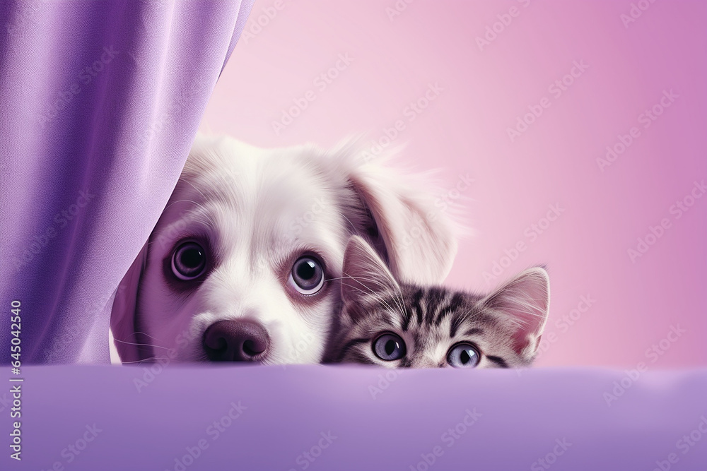 Cute dog and cat hiding behind purple curtain. Animal theme. Banner
