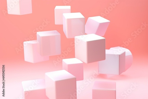 Plastic blocks on pink background. Levitation. 3D rendering. Generative AI