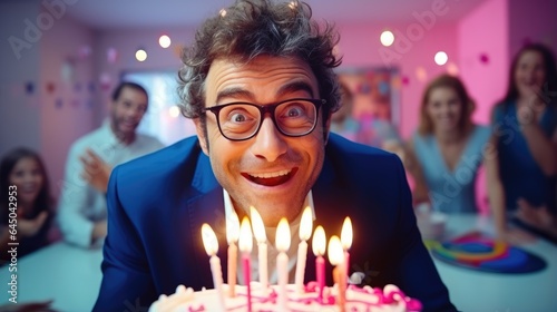 Happy and smiling teacher with joyful crazy look celebrates his birthday at classroom in front a cake with candles. Generative AI