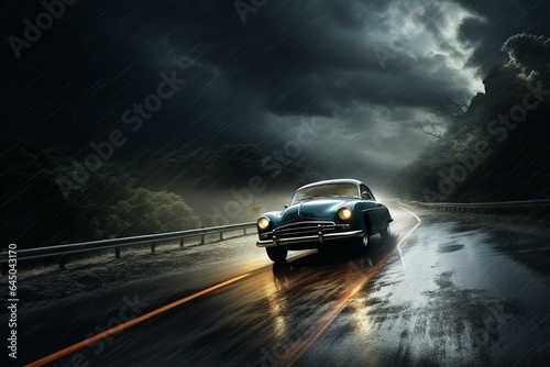Car journeying through a stormy weather. Generative AI © Lila