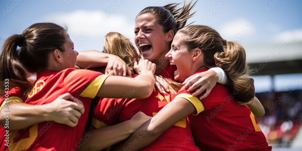 Fototapeta premium Victory Spanish women football team. AI Generated.