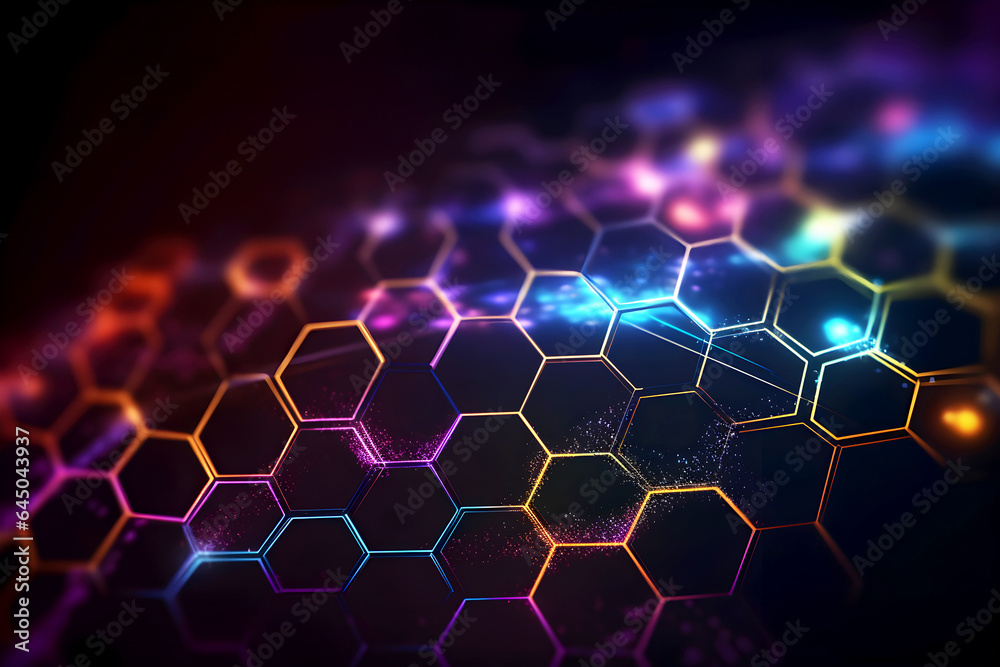 Colorful neon background with hexagonal grid