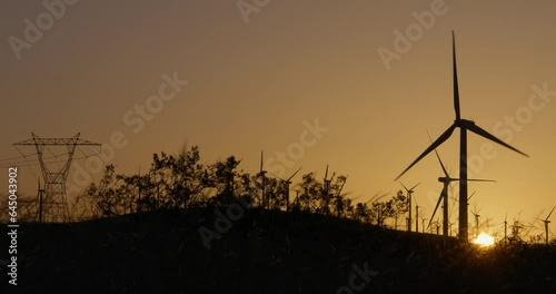 Wind turbines, windmills spinning in a field at sunset
