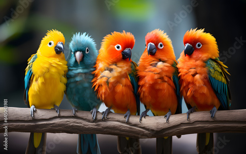 A flock of tropical birds perched on a tree branch