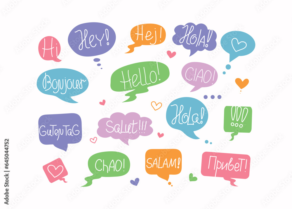 Short phrases in different languages, greetings. Information forms, speech bubbles. World Hello Day. November 21 vector banner, Calligraphy lettering, words. Talk, communicate, social media icons.