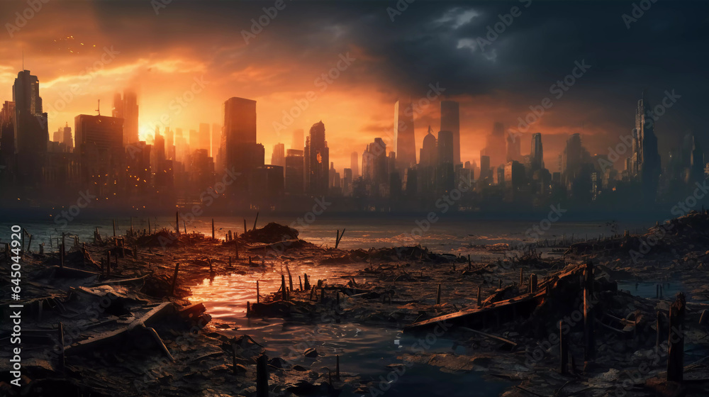 Sunset of a destroyed city after war 