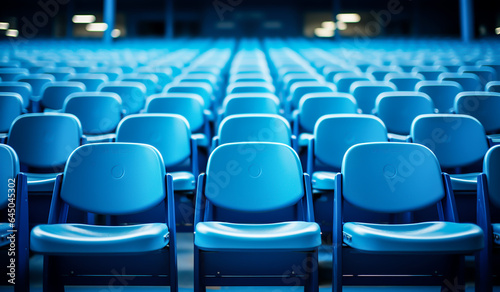 Blue empty seats in a stadium. AI generated