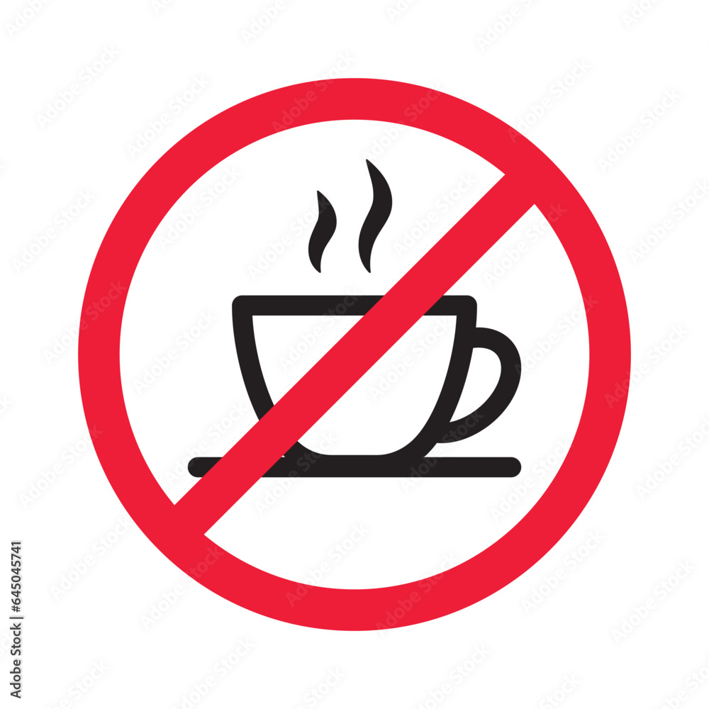 Prohibited coffee vector icon. No coffee icon. Forbidden espresso icon. No cappuccino vector sign. Warning, caution, attention, restriction, danger flat sign design symbol pictogram Prohibited coffee vector icon. No coffee icon. Forbidden espresso icon. No cappuccino vector sign. Warning, caution, attention, restriction, danger flat sign design symbol pictogram