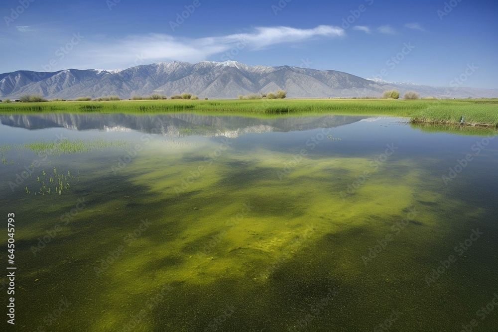Scenic landscape of Farmington Bay and Wasatch Mountains reflected in water with salt and algae coast line in Davis County, Utah. Generative AI