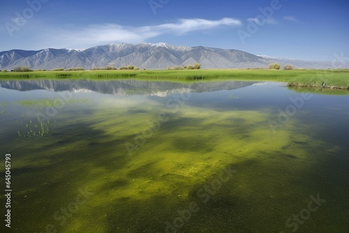 Scenic landscape of Farmington Bay and Wasatch Mountains reflected in water with salt and algae coast line in Davis County, Utah. Generative AI