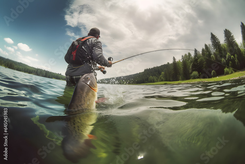 Fishing sport. Fisherman and fish trout with sunlight, underwater view. Generation AI.