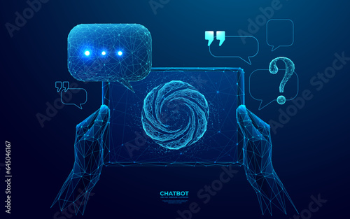 Abstract digital close-up hands holding tablet with chatbot logo on screen. Speech bubble, question, and quote marks on blue technology background. Futuristic low poly wireframe vector illustration.