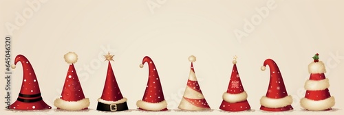 Varies Christmas Santa's hats illustration array in a line isolated on white with copy space, Holiday seasons banner. photo