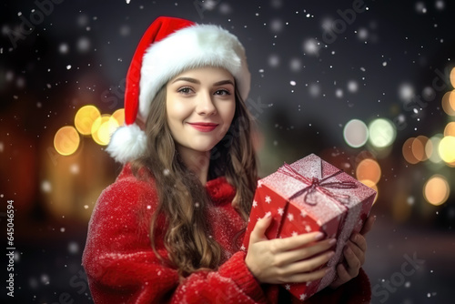 Young woman with santa claus hat holding a gift in the hands