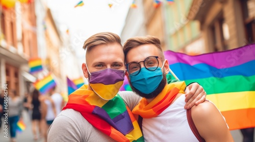 Young couple of men hugging in front of rainbow flag wearing colorful masks at gay pride event - Lgbt, people and love concept - Focus on faces