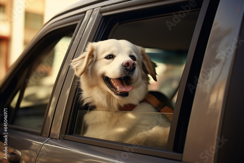 Adorable cute fluffy dog looking from car window riding fast enjoying summer vacation trip generated AI photo