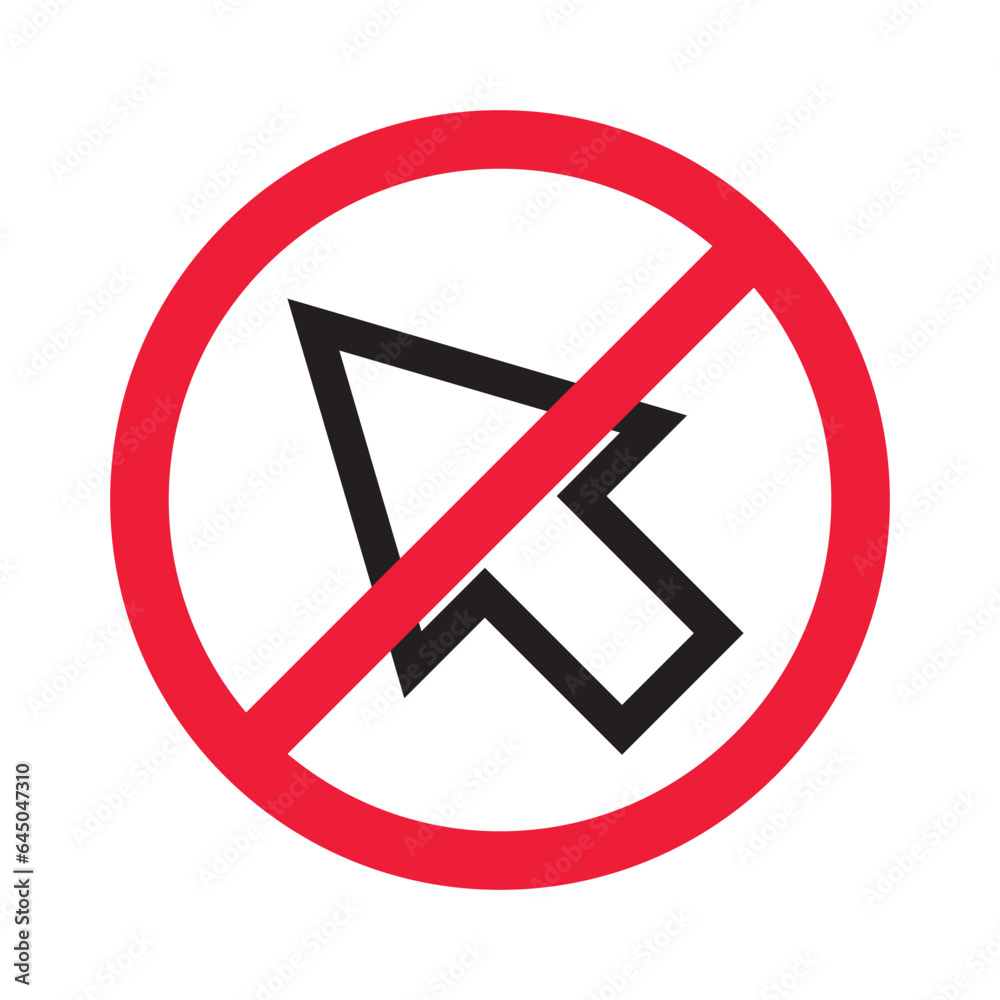 Forbidden cursor icon. Prohibited arrow vector icon. No cursor symbol pictogram. Warning, caution, attention, restriction, danger, ban, label flat sign design. Forbidden cursor icon. Prohibited arrow vector icon. No cursor symbol pictogram. Warning, caution, attention, restriction, danger, ban, label flat sign design.